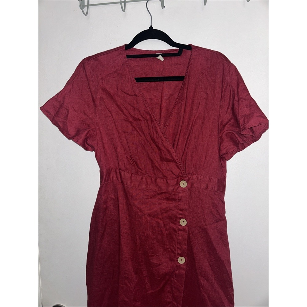 Grae Cove Wrap Dress Midi M Red 100% Linen Midi V Neck Coconut Buttons Sundress
